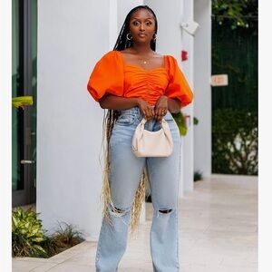 The Drop Women's Fire Orange Puff Sleeve Sweetheart Top by @tenickab XXL